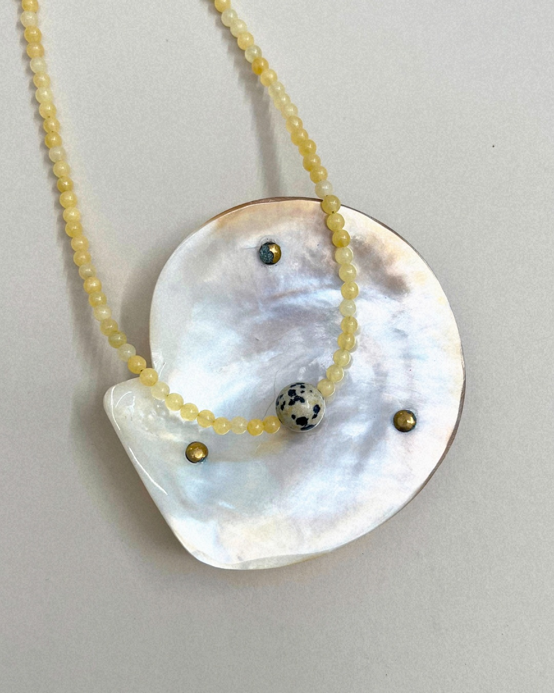 Harvest 12: yellow jade and dalmatian jasper necklace, hand-strung by Palm of Feronia, photo 2