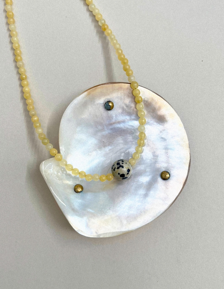 Harvest 12: yellow jade and dalmatian jasper necklace, hand-strung by Palm of Feronia, photo 2