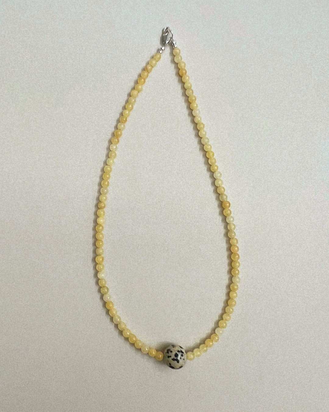 Harvest 12: yellow jade and dalmatian jasper necklace, hand-strung by Palm of Feronia, photo 4