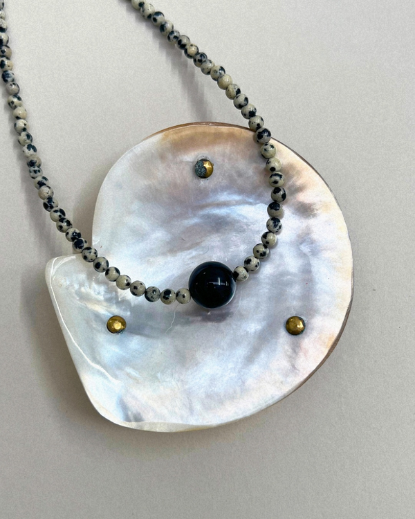 Celadon 15: dalmatian jasper and onyx necklace, hand-strung by Palm of Feronia