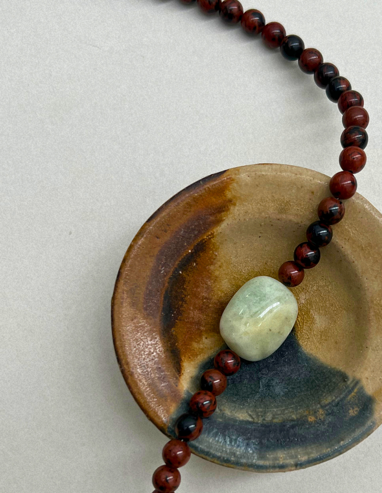 Cairn 2 – Mahogany Obsidian & Green Beryl Necklace