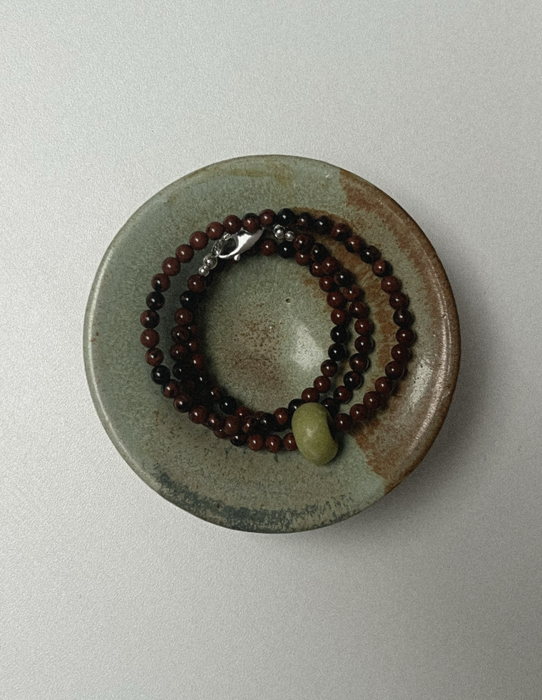 Unfurl 13 - Mahogany Obsidian & Olive Jade Necklace