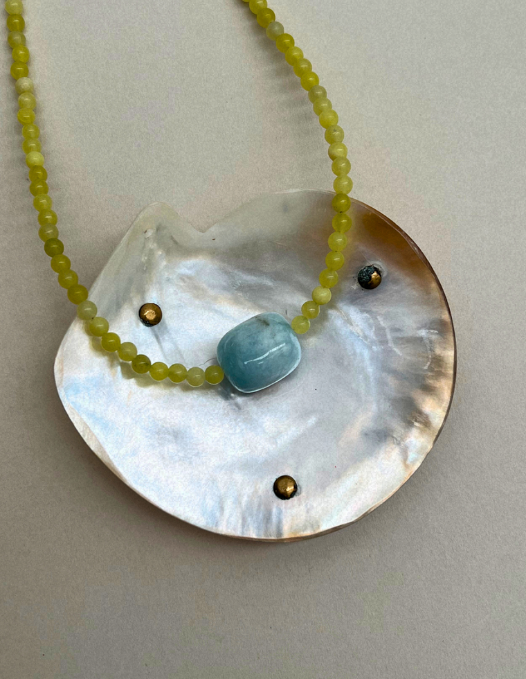 Cairn 24 – Olive Jade & Blue Beryl Necklace