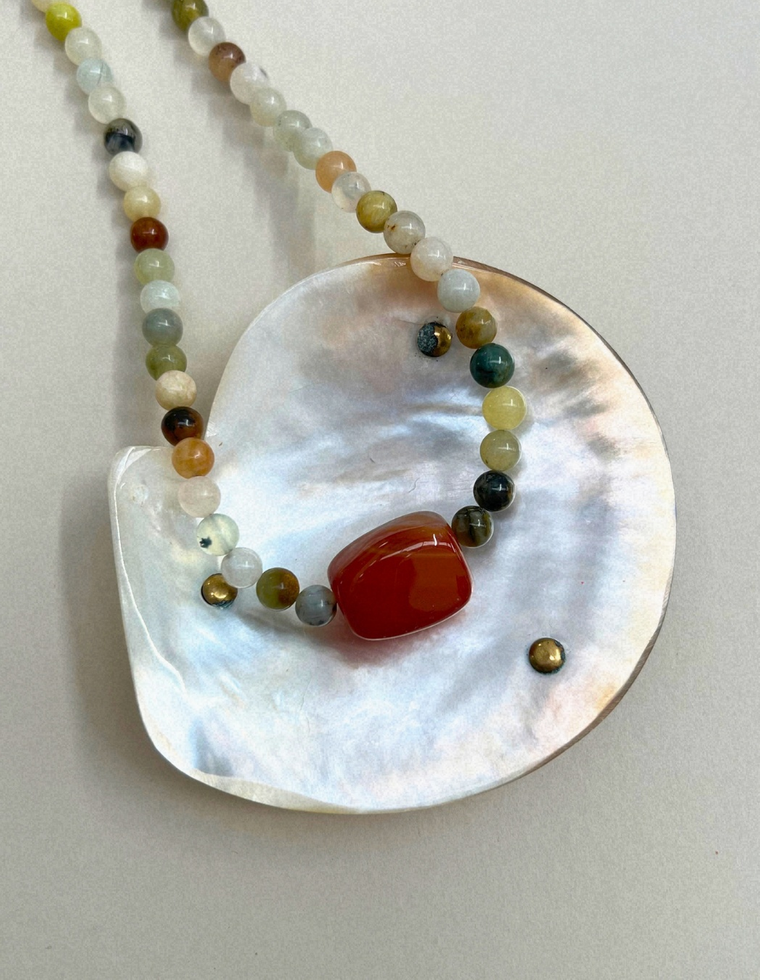 Celadon 9: butter jade and carnelian necklace, hand-strung by Palm of Feronia