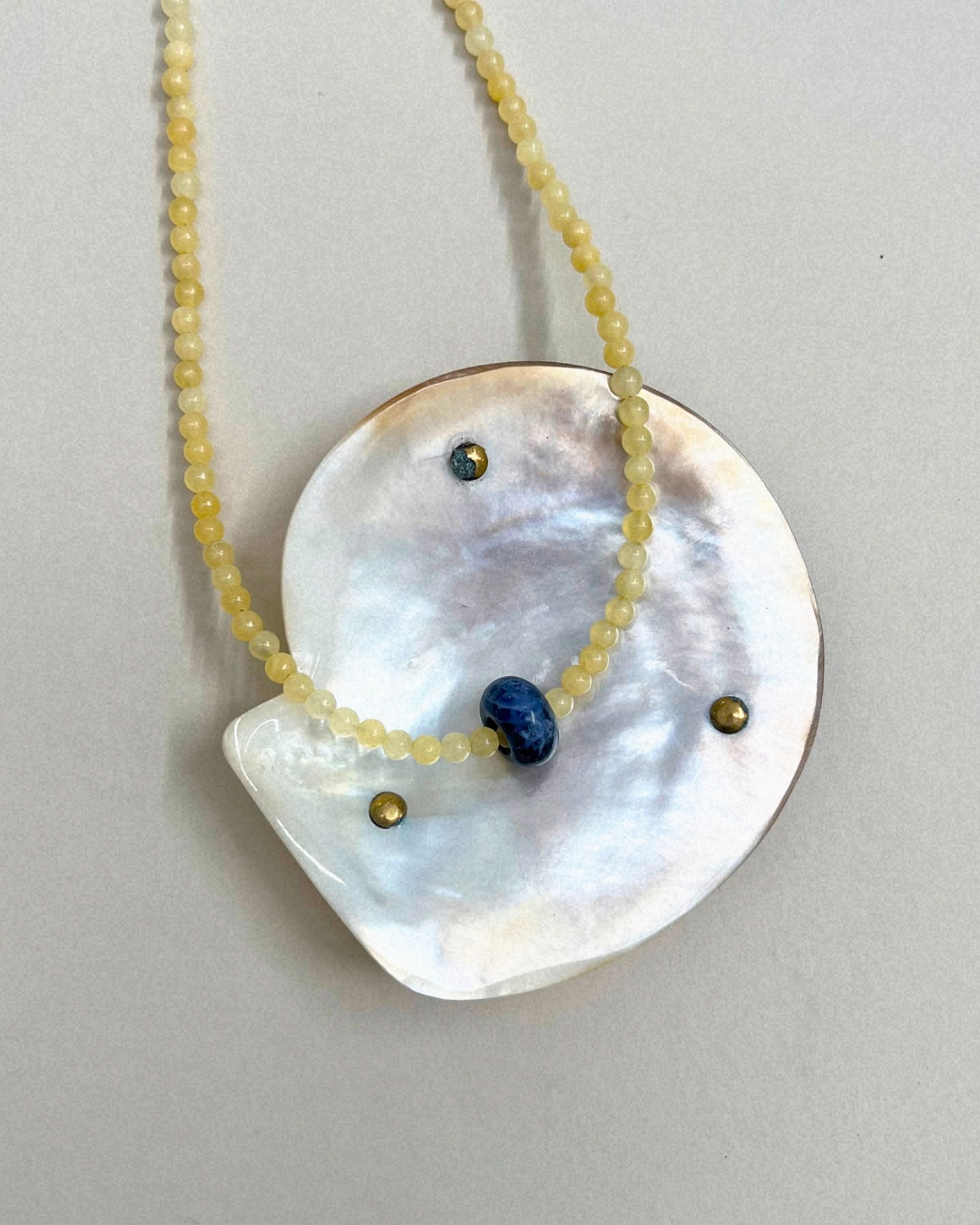 Harvest 10: yellow jade and sodalite movement necklace, hand-strung by Palm of Feronia, photo 3