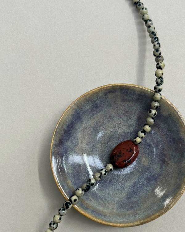 Celadon 16: dalmatian jasper and mahogany obsidian necklace, hand-strung by Palm of Feronia