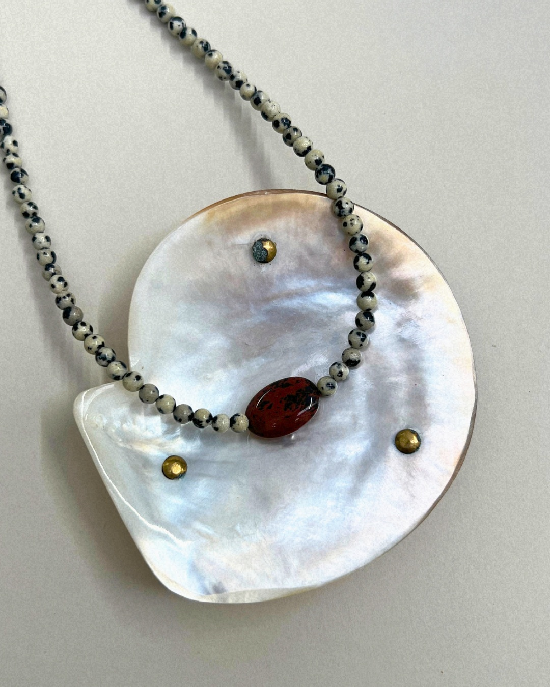 Celadon 16: dalmatian jasper and mahogany obsidian necklace, hand-strung by Palm of Feronia, photo 3