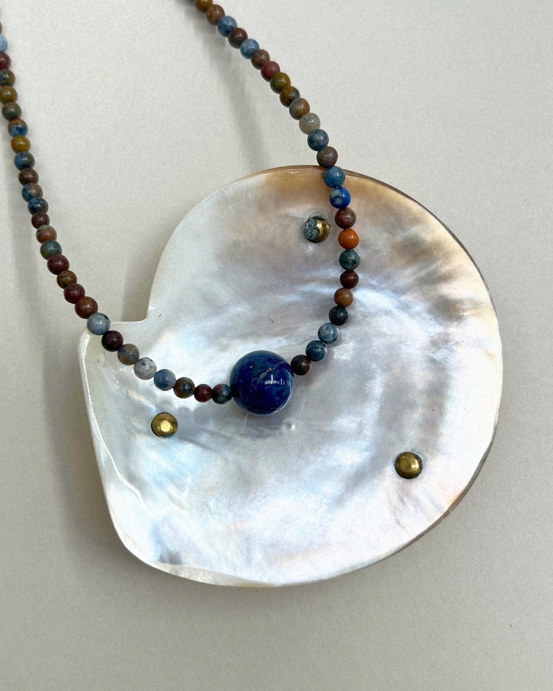 Celadon 5: dumortierite and lapis lazuli necklace, hand-strung by Palm of Feronia