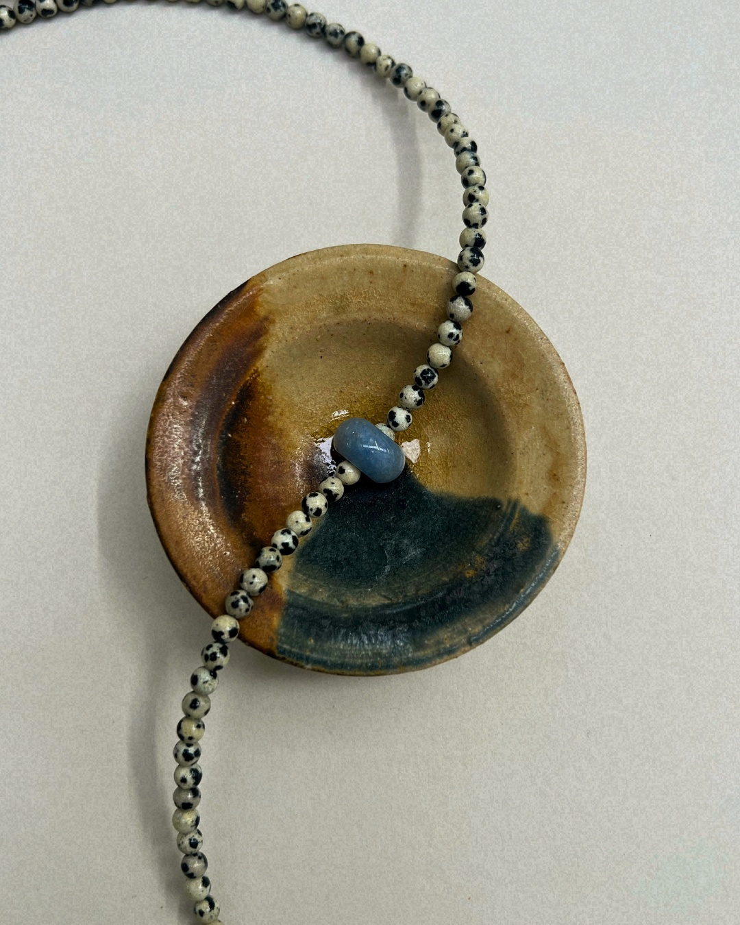 Celadon 13: dalmatian jasper and blue aventurine movement necklace, hand-strung by Palm of Feronia