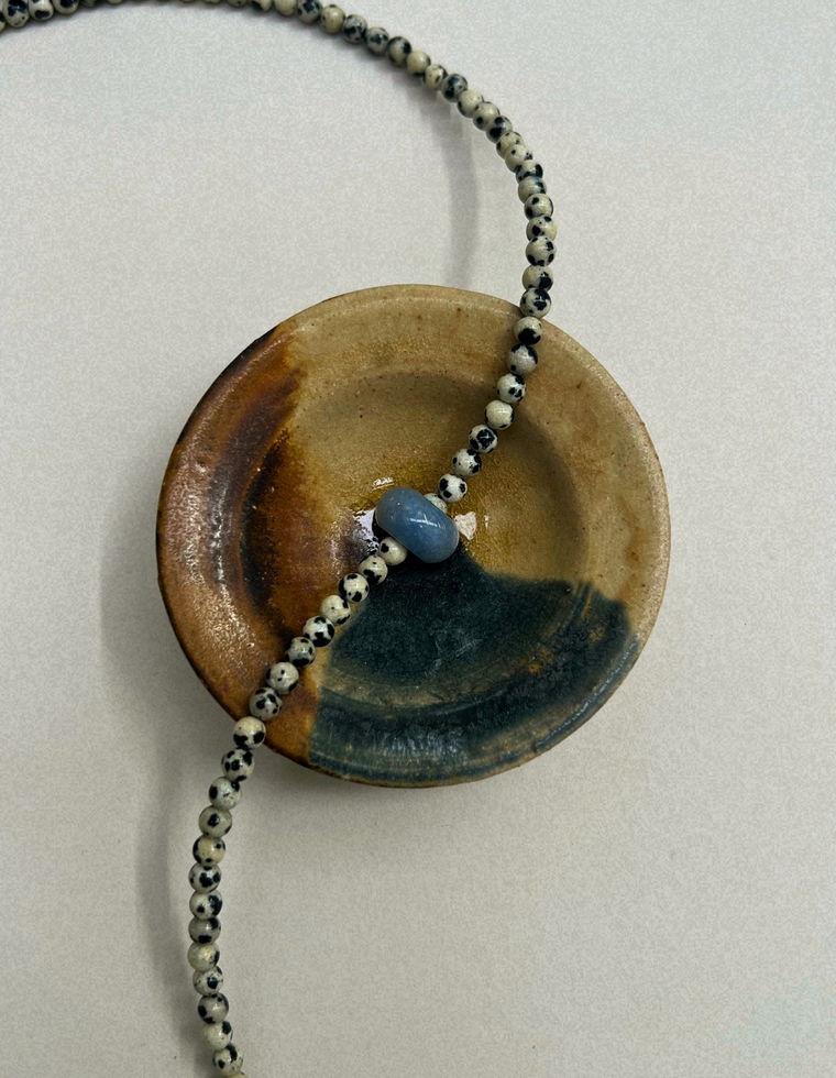 Celadon 13: dalmatian jasper and blue aventurine movement necklace, hand-strung by Palm of Feronia