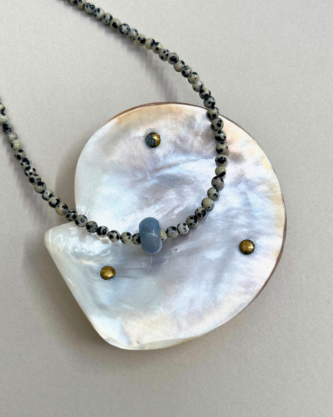 Celadon 13: dalmatian jasper and blue aventurine movement necklace, hand-strung by Palm of Feronia, photo 2