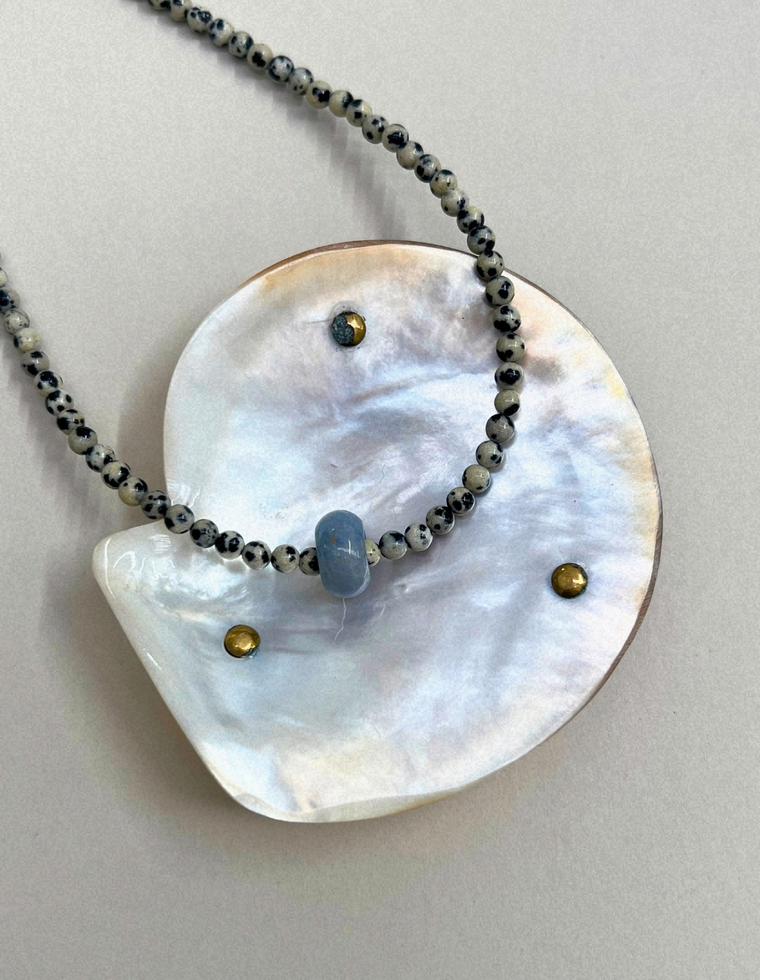 Celadon 13: dalmatian jasper and blue aventurine movement necklace, hand-strung by Palm of Feronia, photo 2