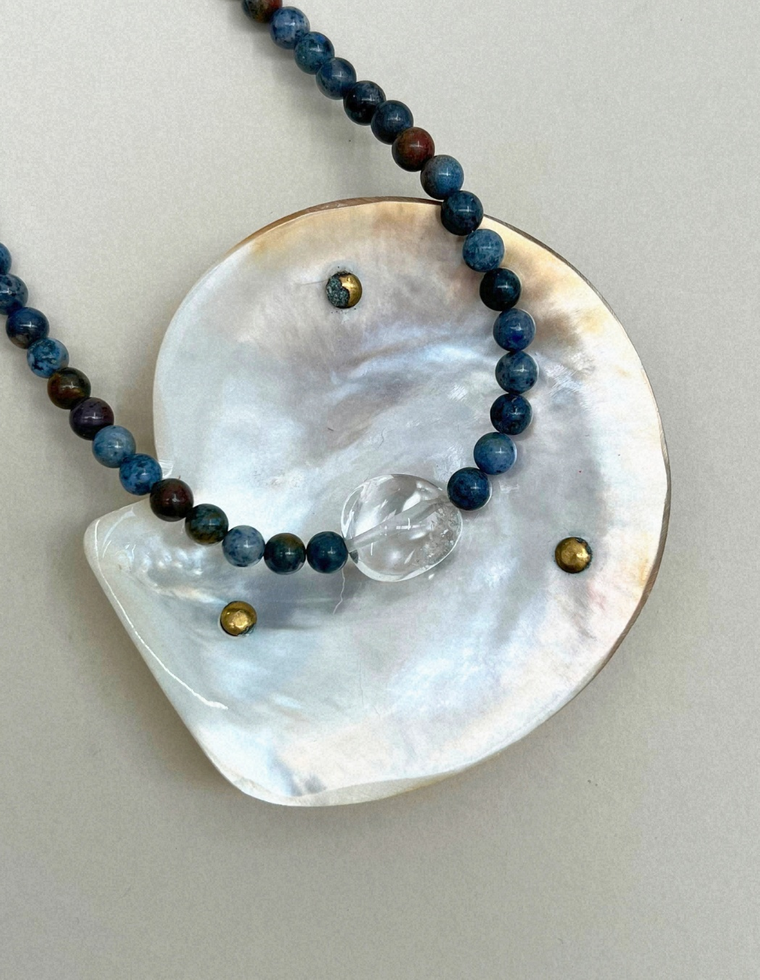 Axis 7: dumortierite and clear quartz necklace, hand-strung by Palm of Feronia