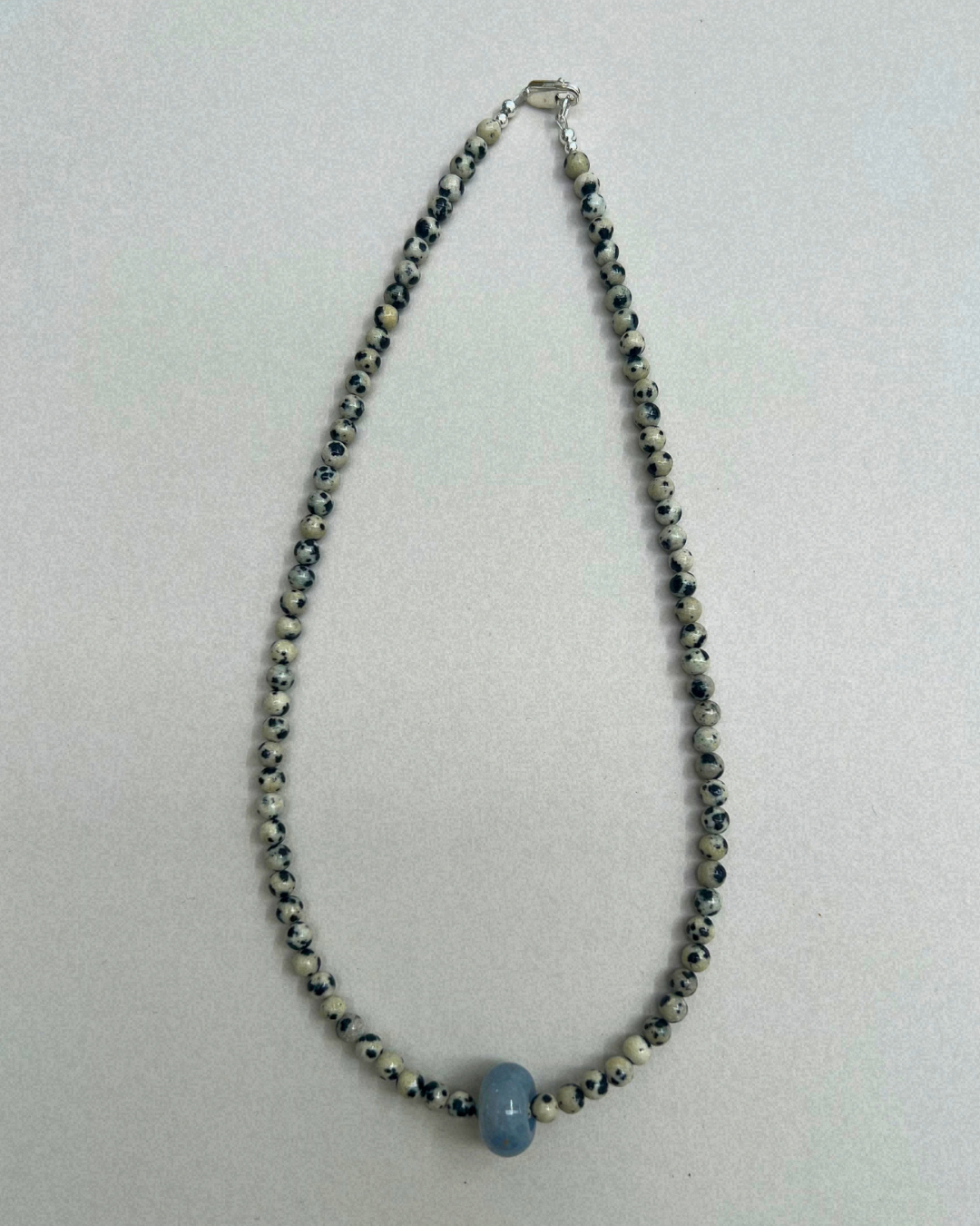 Celadon 13: dalmatian jasper and blue aventurine movement necklace, hand-strung by Palm of Feronia, photo 4