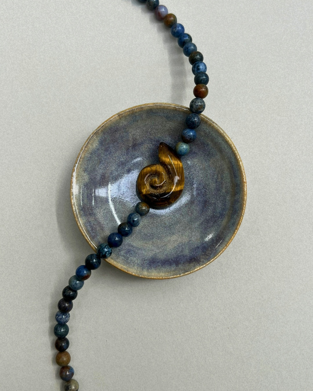 Celadon 1: dumortierite whorl necklace, hand-strung by Palm of Feronia