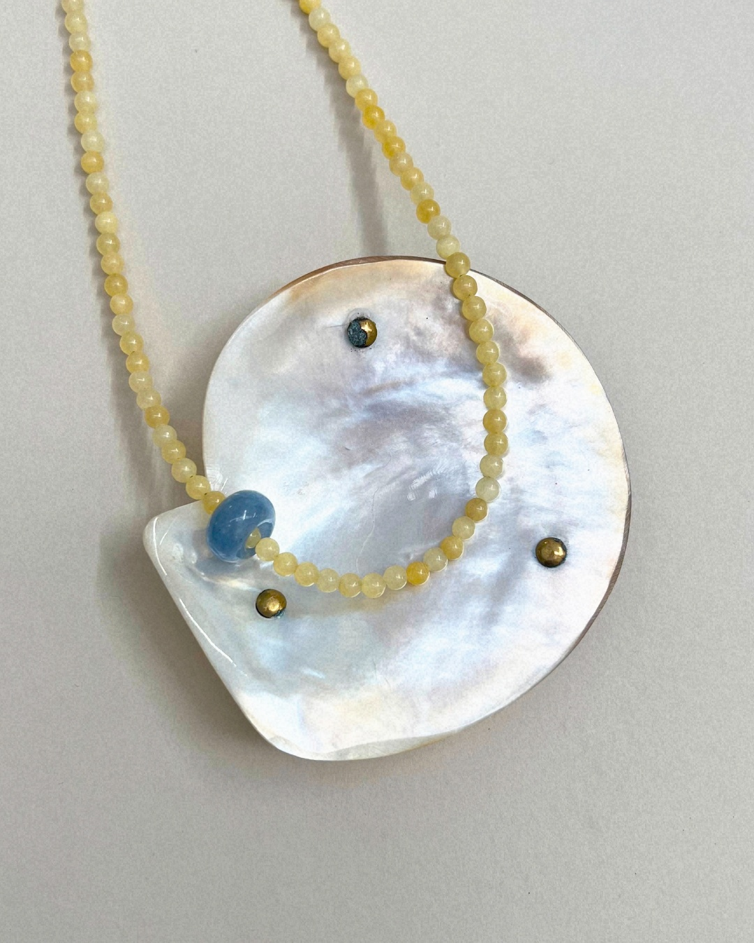 Harvest 11: yellow jade and blue aventurine movement necklace, hand-strung by Palm of Feronia