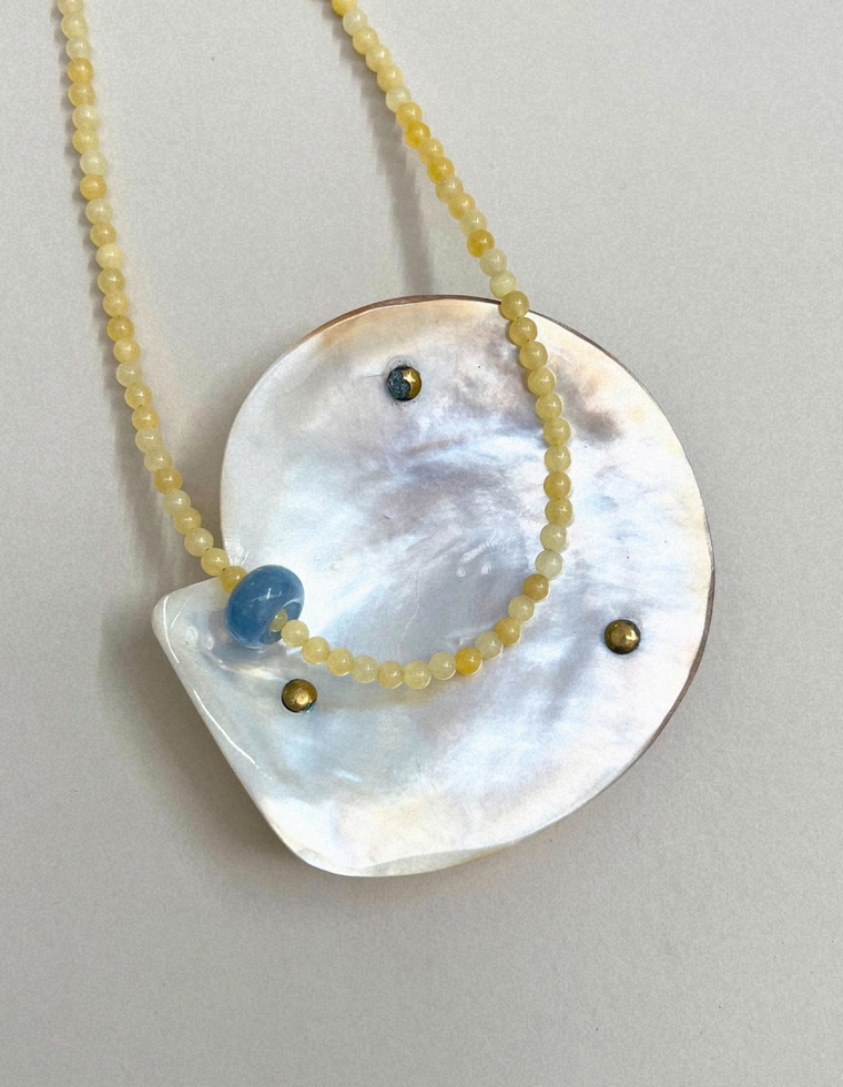 Harvest 11: yellow jade and blue aventurine movement necklace, hand-strung by Palm of Feronia