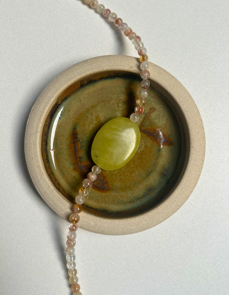 Saffron 10 - Quartz & Olive Jade Necklace