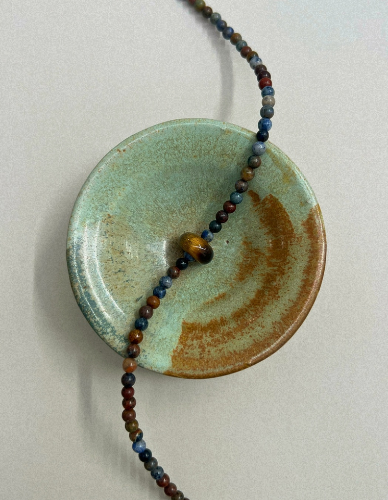 Celadon 3: dumortierite and tiger's eye movement necklace, hand-strung by Palm of Feronia