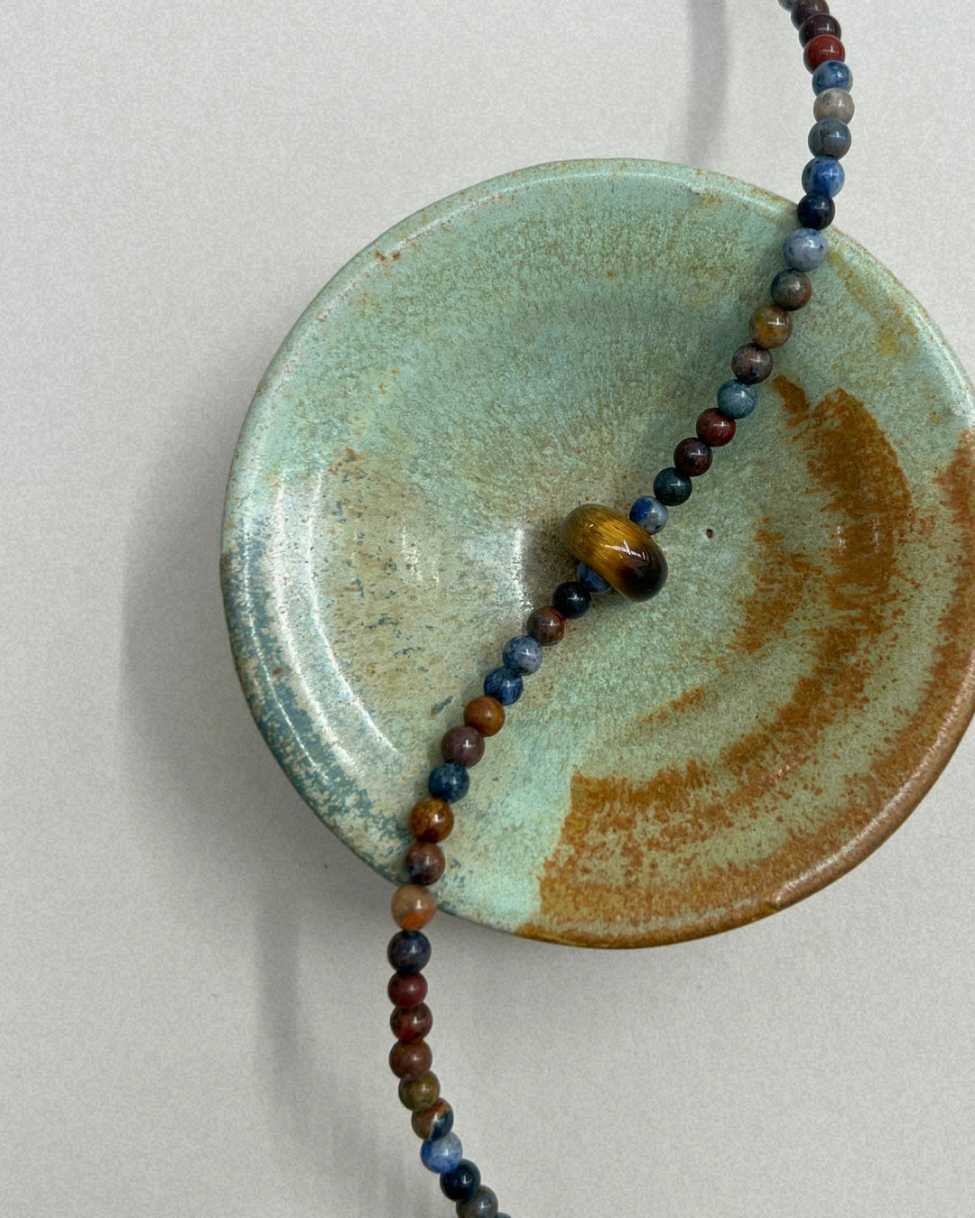Celadon 3: dumortierite and tiger's eye movement necklace, hand-strung by Palm of Feronia, photo 2