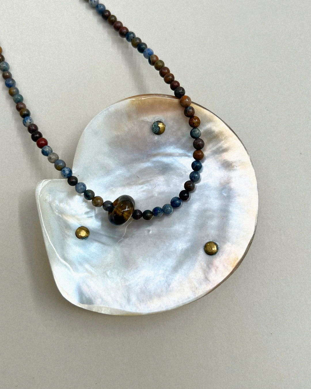 Celadon 3: dumortierite and tiger's eye movement necklace, hand-strung by Palm of Feronia, photo 3