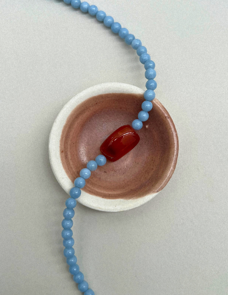 Axis 9: angelite and carnelian necklace, hand-strung by Palm of Feronia, photo 2