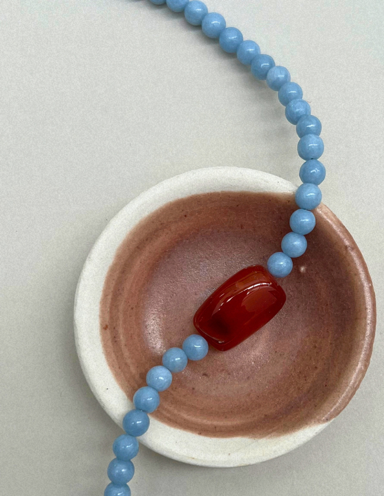 Axis 9: angelite and carnelian necklace, hand-strung by Palm of Feronia