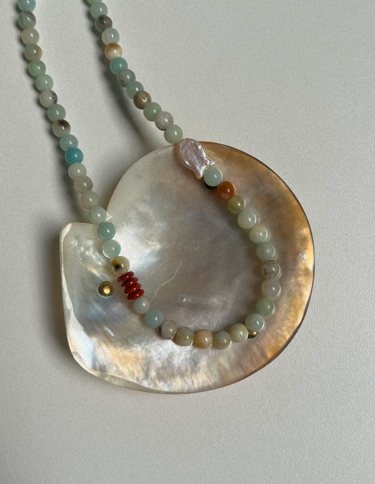 Tempera 28 - Flower Amazonite & Pearl Necklace