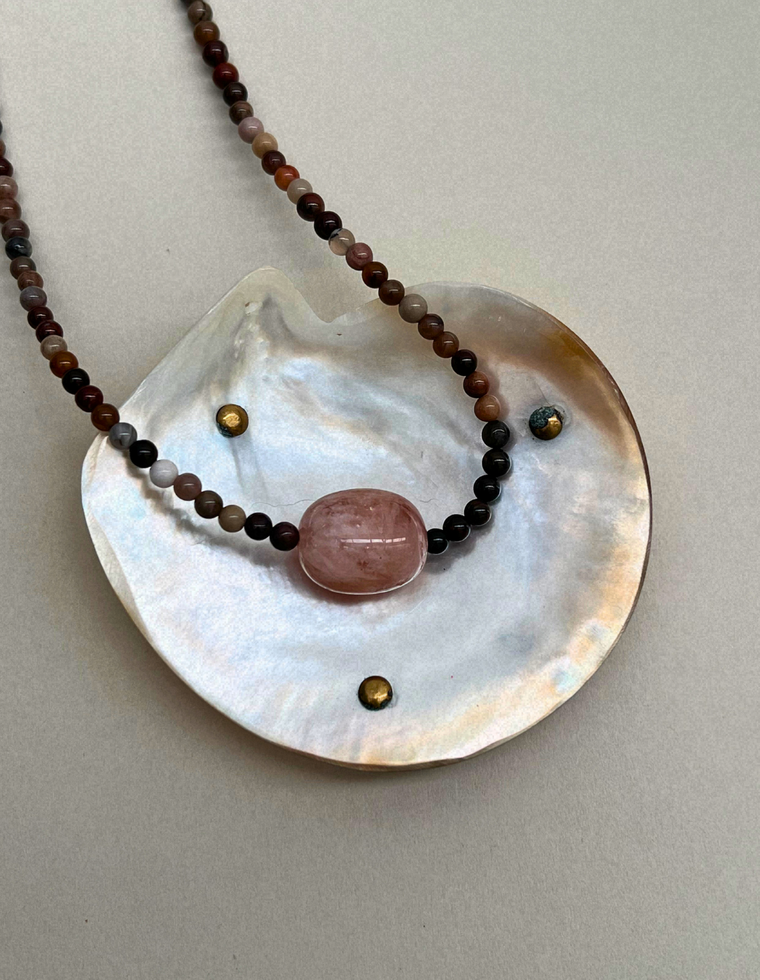 Cairn 32 – Petrified Wood & Pink Beryl Necklace