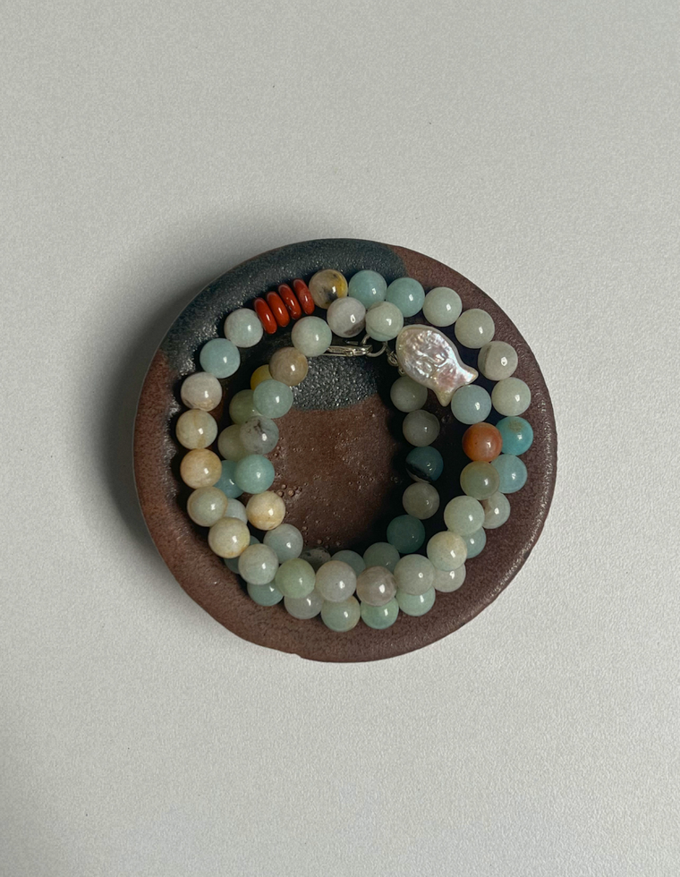 Tempera 28 - Flower Amazonite & Pearl Necklace