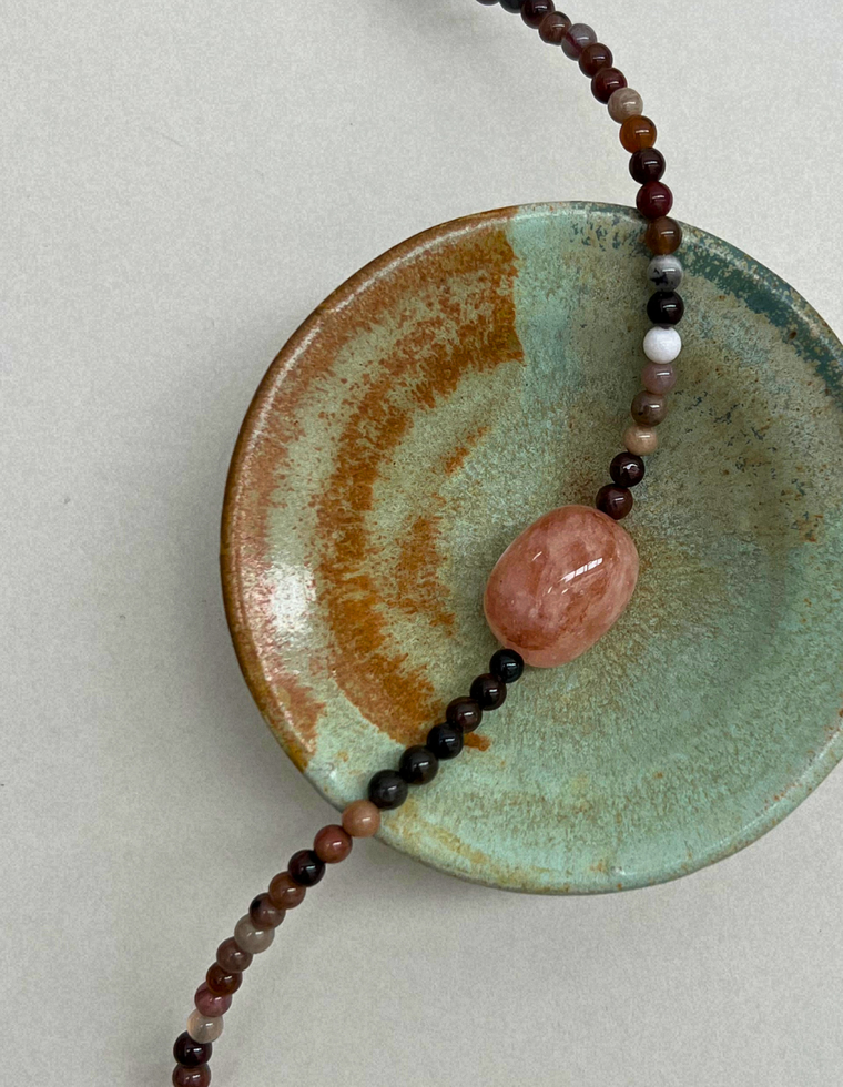 Cairn 32 – Petrified Wood & Pink Beryl Necklace