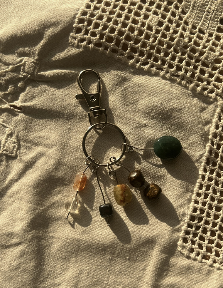 Orbit Charm – Rutilated Quartz & Hematite