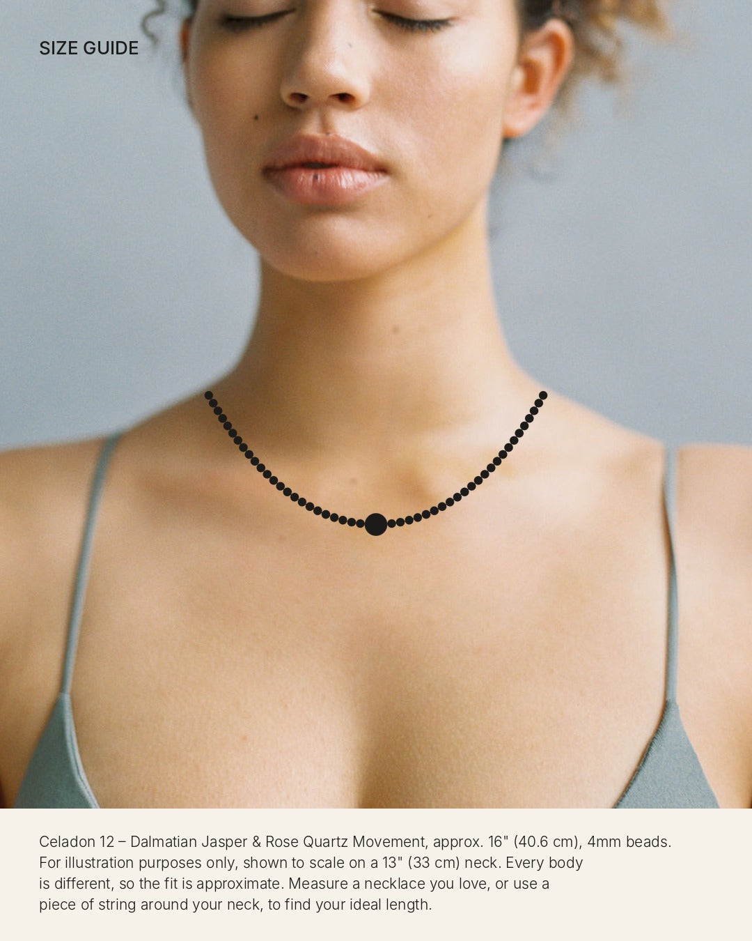 Size guide: Celadon 12 – Dalmatian Jasper & Rose Quartz Movement shown to scale on a 13 inch neck