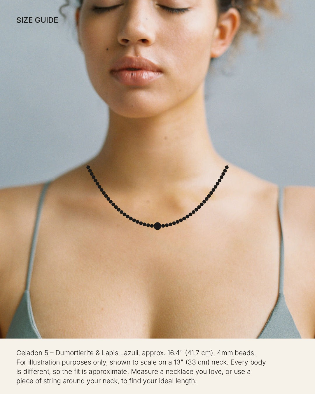 Size guide: Celadon 5 – Dumortierite & Lapis Lazuli shown to scale on a 13 inch neck