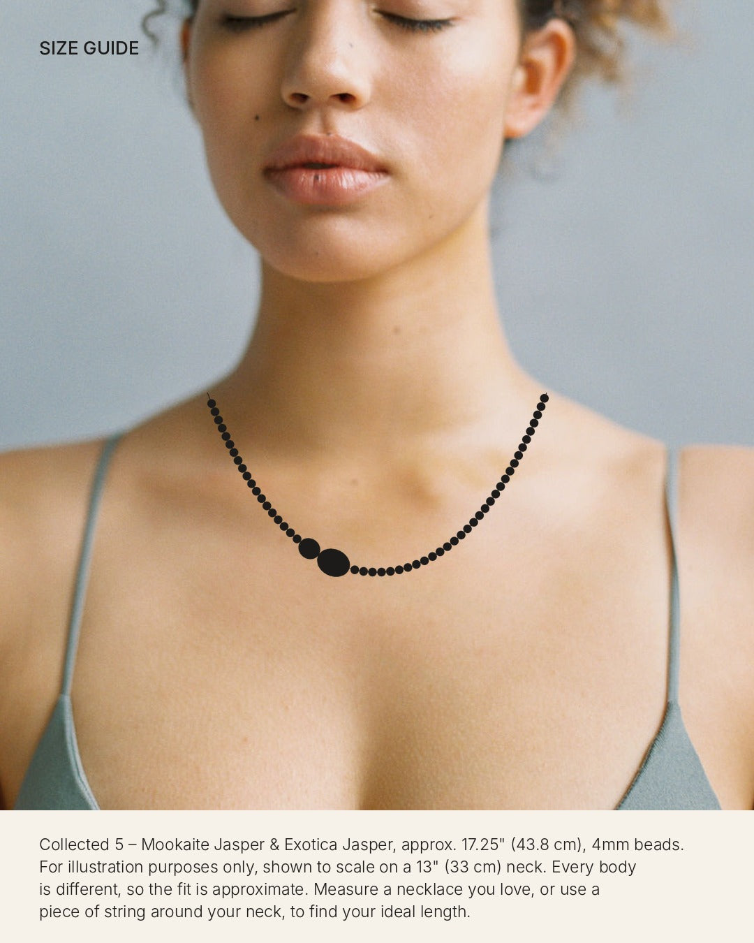 Size guide: Collected 5 – Mookaite Jasper & Exotica Jasper shown to scale on a 13 inch neck