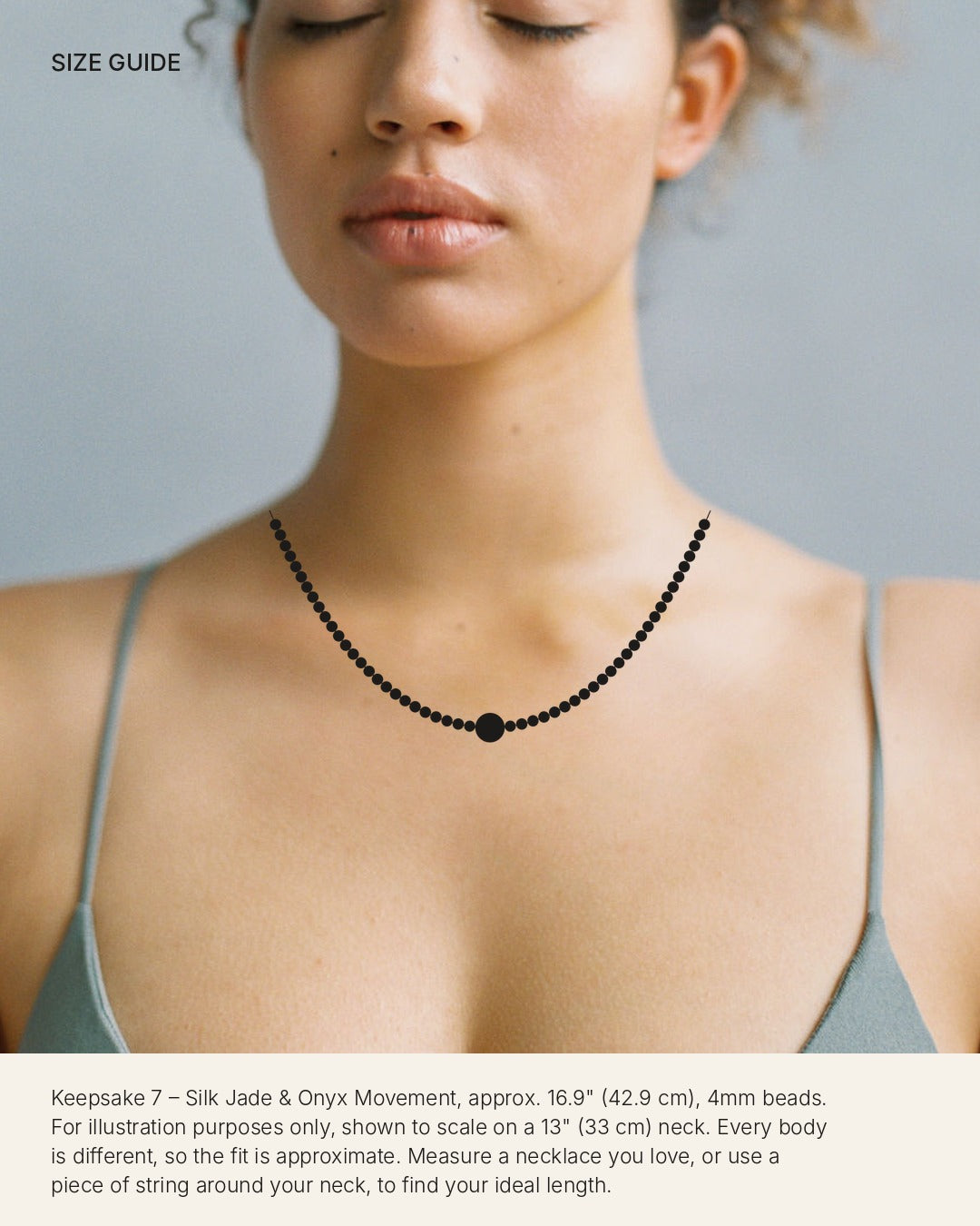 Size guide: Keepsake 7 – Silk Jade & Onyx Movement shown to scale on a 13 inch neck